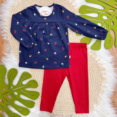Conj. Bata Manga Longa Florzinhas e Calça Legging - Marinho e Vermelho